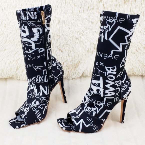 Graffiti Stretch Square Open Toe Ankle Boots - Picture 9 of 9